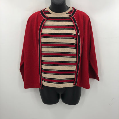 Vintage Talbott Tarafast 2 Pc Cardigan set Knit Sweater 3/4 Sleeves Red Tan 38