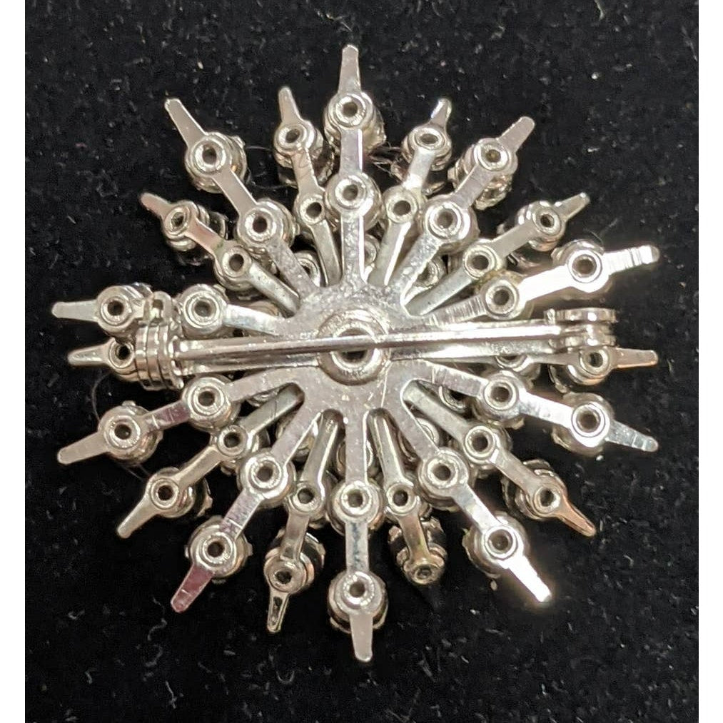 Vintage Starburst Rhinestone Brooch Pin Silver Tone Metal Snowflake
