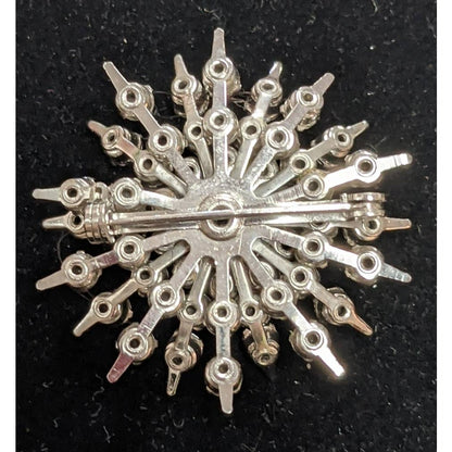 Vintage Starburst Rhinestone Brooch Pin Silver Tone Metal Snowflake