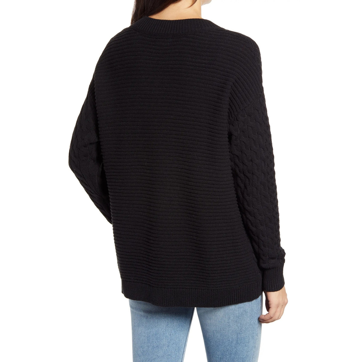Caslon NWT Black Cable Knit Sleeve V-Neck Ribbed Sweater Size XS