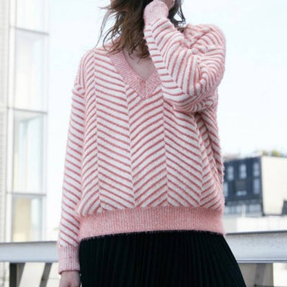 FRNCH Pullover Sweater V-Neck Long Sleeve Diagonal Stripe Chenille Rose Soft S/M