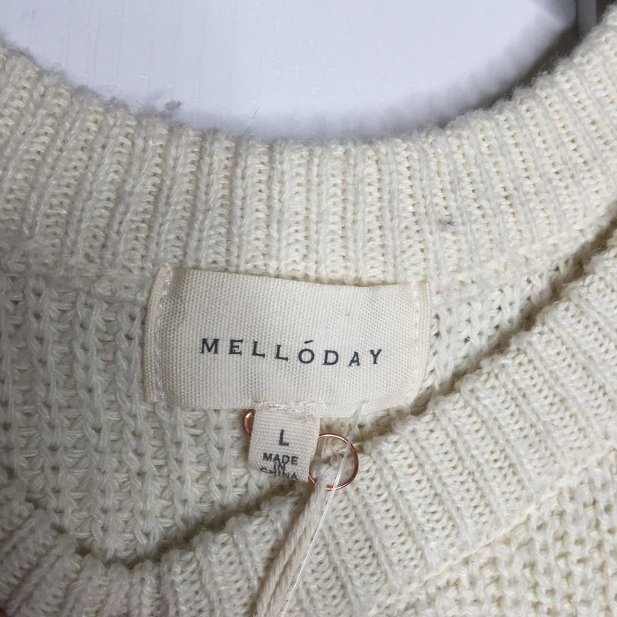 Melloday Knit Pullover Sweater Long Sleeve Crew Neck Two Pocket Ivory NEW Large