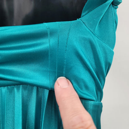 Vintage Teal Sequin Hearts Small Gown Damaged Dress Up Ruched Empire Maxi Blue