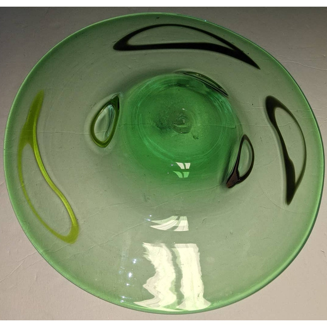 Vintage Murano Latticino Gold Aventurine Art Glass Conch Swirl Bowl 15" Green