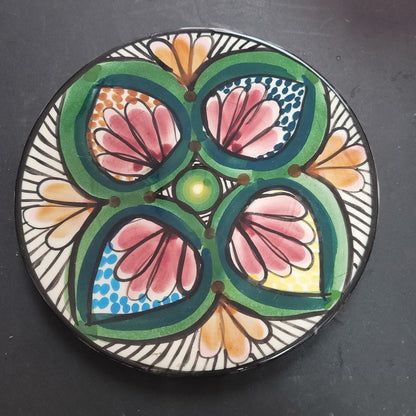 Handmade Handpainted Dominica plate floral design abstract green pink yellow 6"