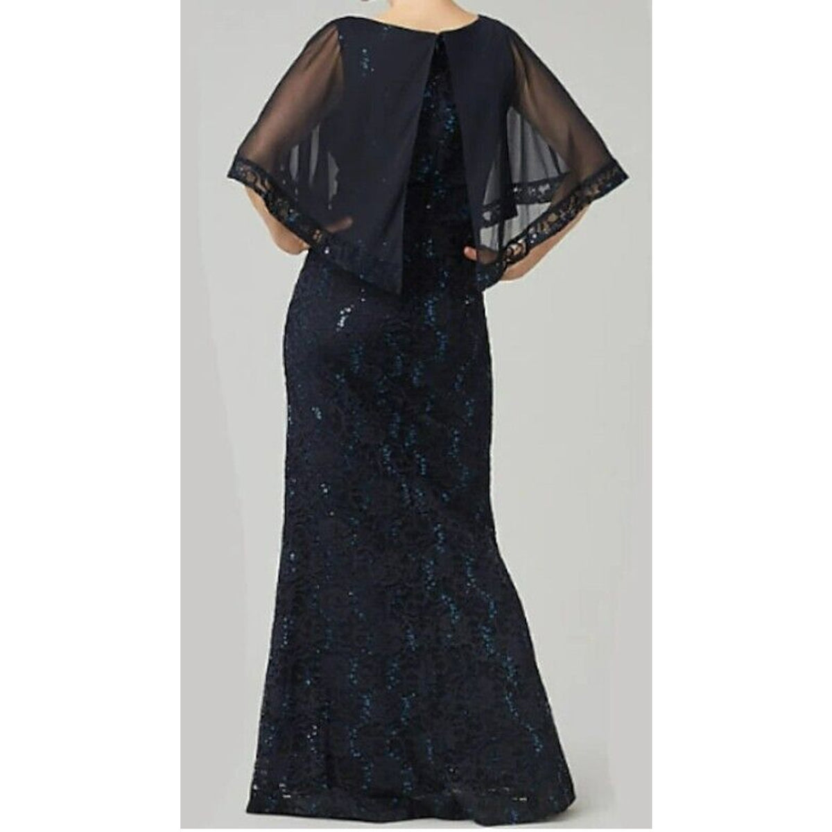 Onyx Nite Sequin and Lace with Sheer Cape Overlay Formal Gown Size 4 Navy NWT