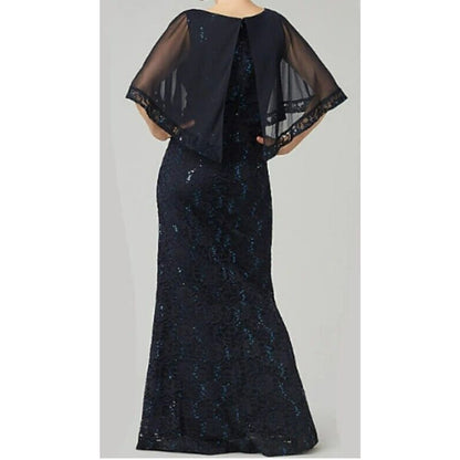 Onyx Nite Sequin and Lace with Sheer Cape Overlay Formal Gown Size 4 Navy NWT