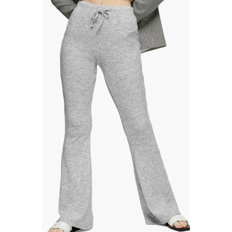 Topshop Pull On Drawstring Rib Knit Flare Leg Retro Pants Sz 14 Heather Gray NWT