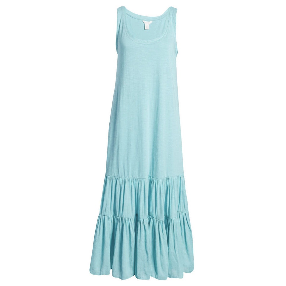 Caslon Sleeveless Scoop Neck Raw Edge Maxi Dress Size Small in Teal Shore NWT