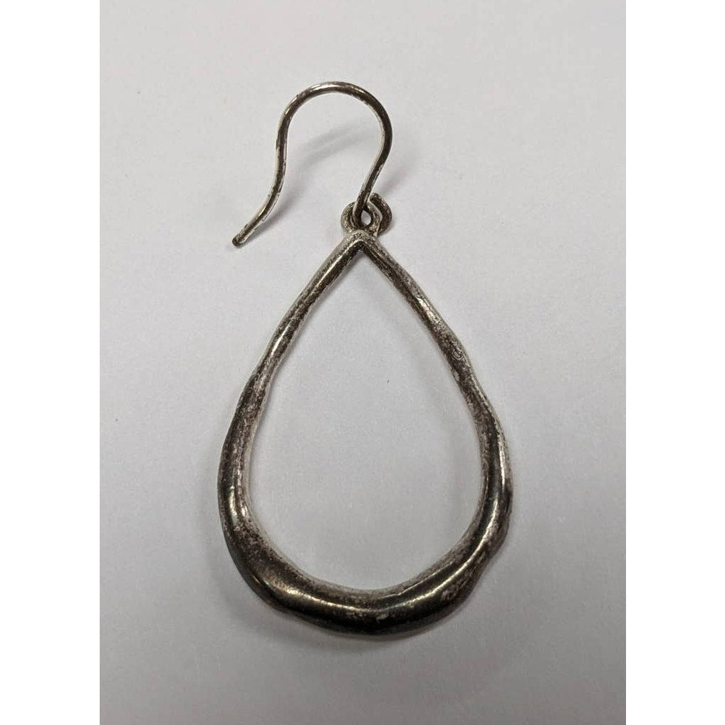 Vintage Handmade Rough Silver Teardrop Hoop Dangle Drop Earrings Light Patina