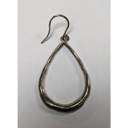 Vintage Handmade Rough Silver Teardrop Hoop Dangle Drop Earrings Light Patina