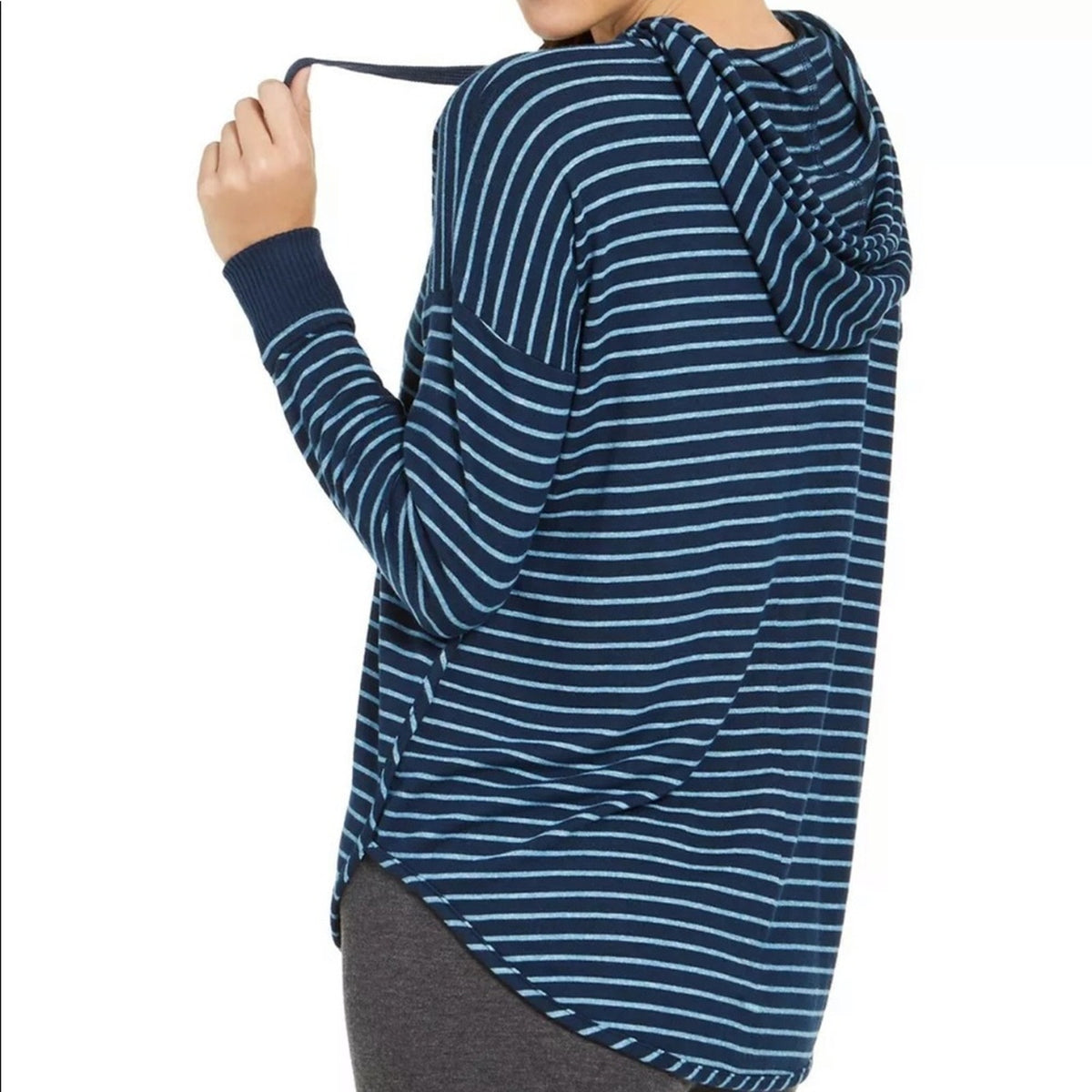 Alfani Cozy Knit Striped Hoodie Blue Size Small new Long Sleeve Rounded Hem