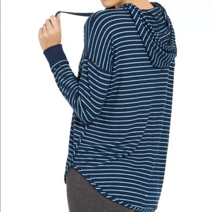 Alfani Cozy Knit Striped Hoodie Blue Size Small new Long Sleeve Rounded Hem