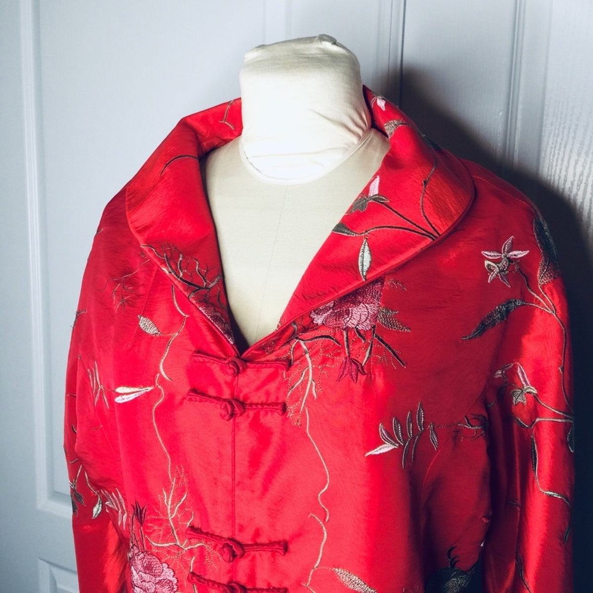 XXL Chinese Asian Large collar button up top RED Satin Feel Floral blouse top