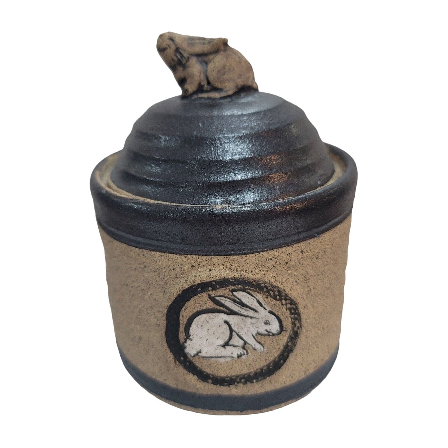 TURTLE HILL HANDMADE Studio Art Pottery Lidded Canister Pot Stamped BUNNY RABBIT