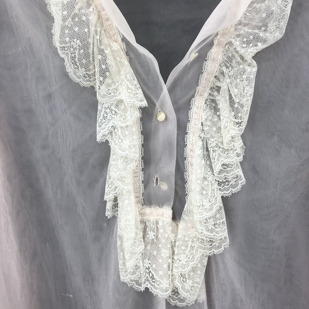 Vintage Pink Sheer Chiffon Ruffle Lace Nightgown Robe Romantic Loungewear