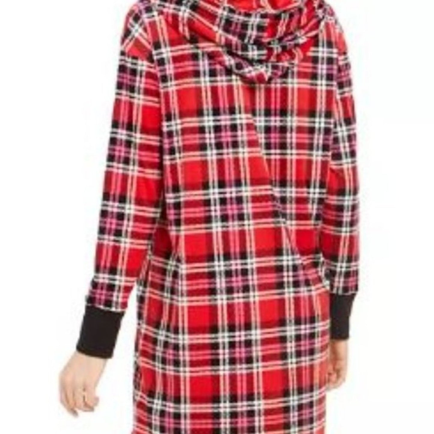 Betsey Johnson Plaid Velour Fleece Hoodie Lounger MEDIUM long sleeve Red NEW