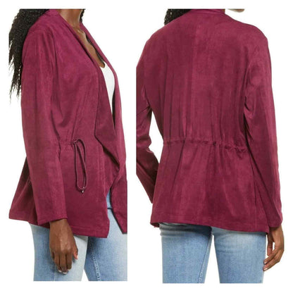 BLANKNYC Drawstring Waist Faux Suede Drape Lapel Jacket Sz Large Burgundy NWT