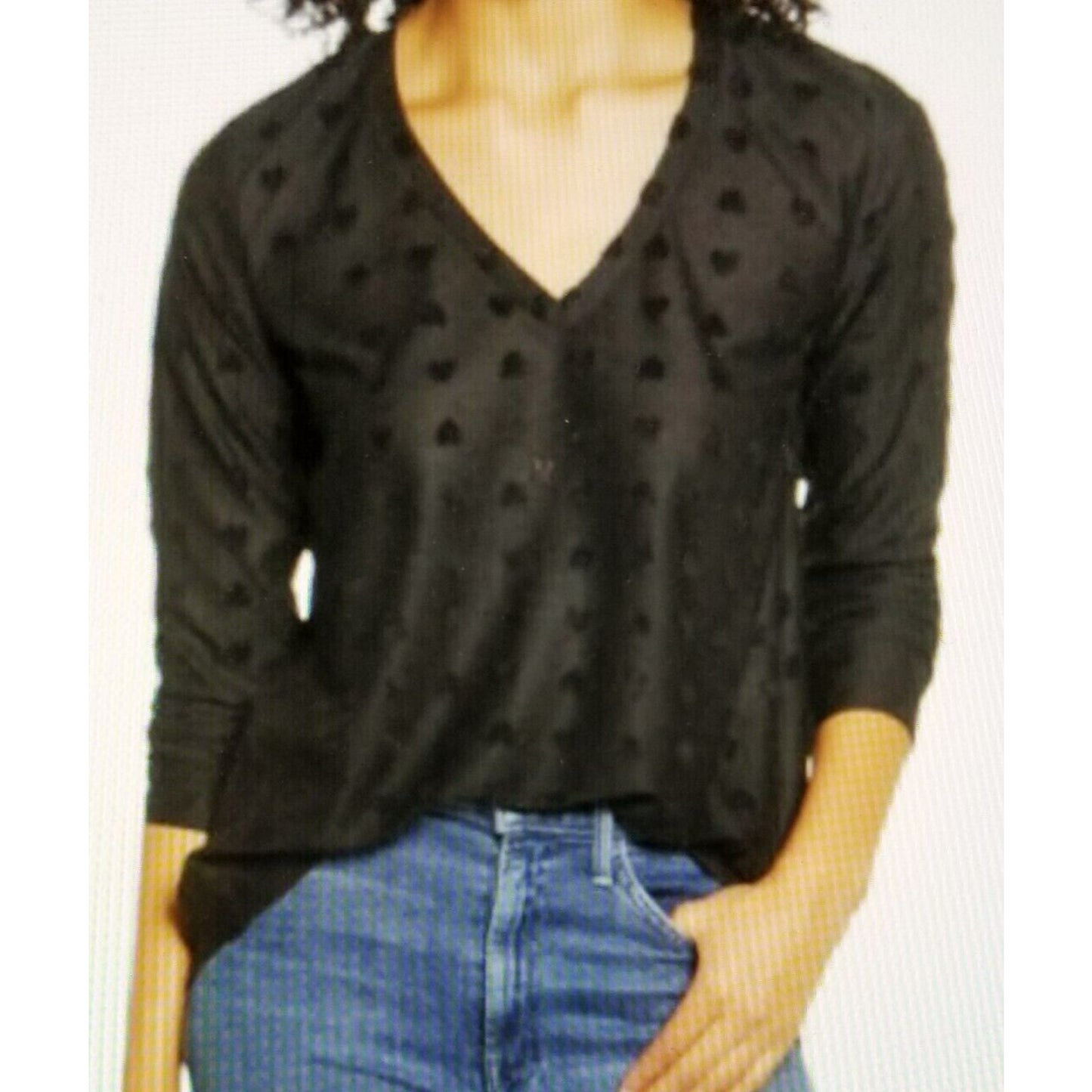 Bobeau V-Neck Long Sleeve Flocked Hi-Low Top Sz XS/Extra Small Black Hearts NWT