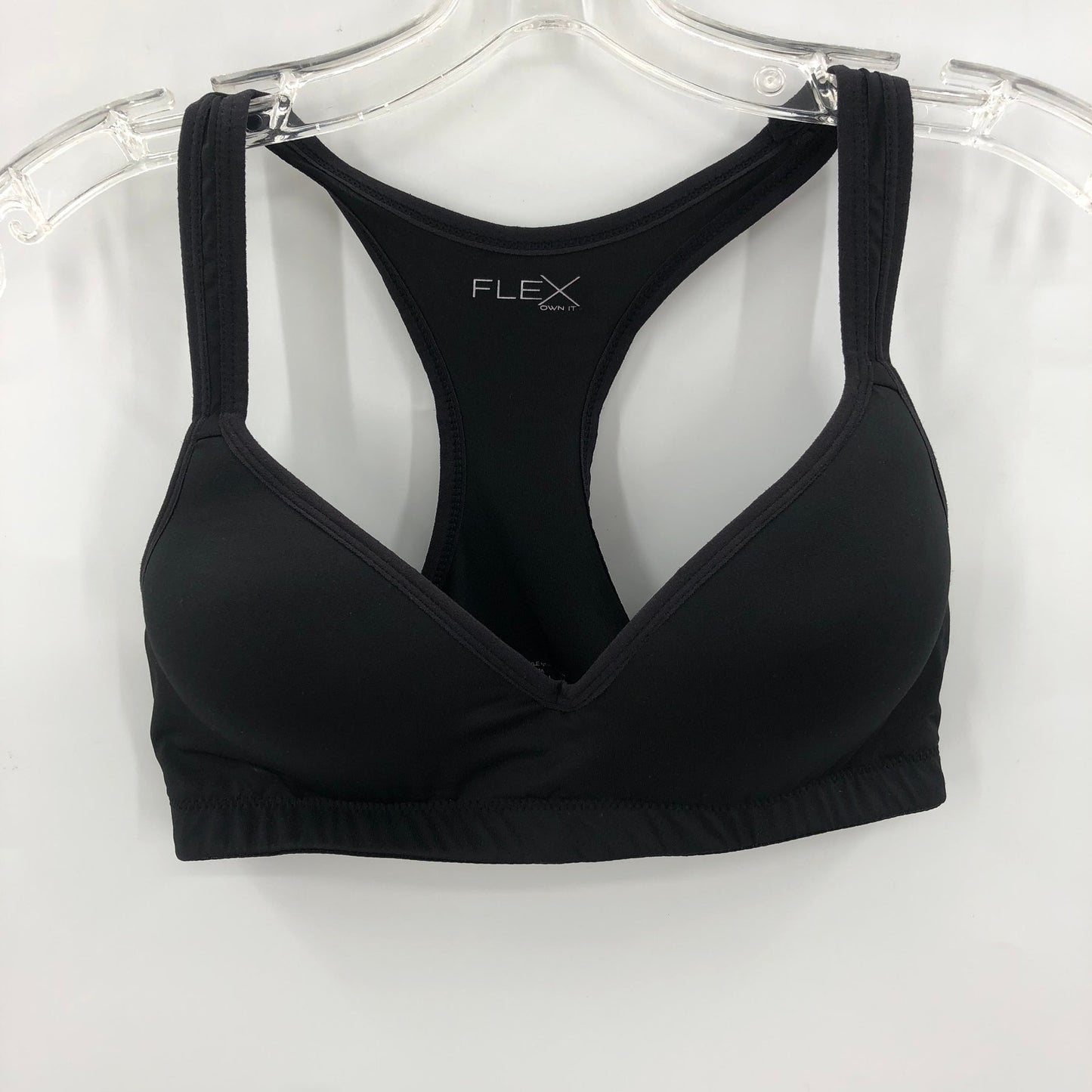 FLEX OWN IT Women's V-Neck Sports Bra Racerback Solid Polyester Black Large