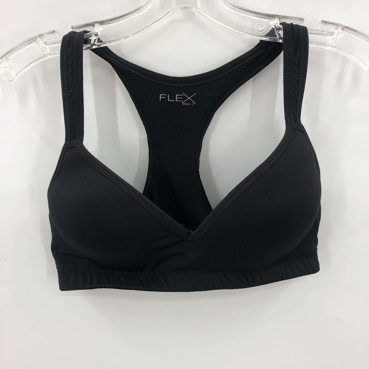 FLEX OWN IT Women's V-Neck Sports Bra Racerback Solid Polyester Black Large