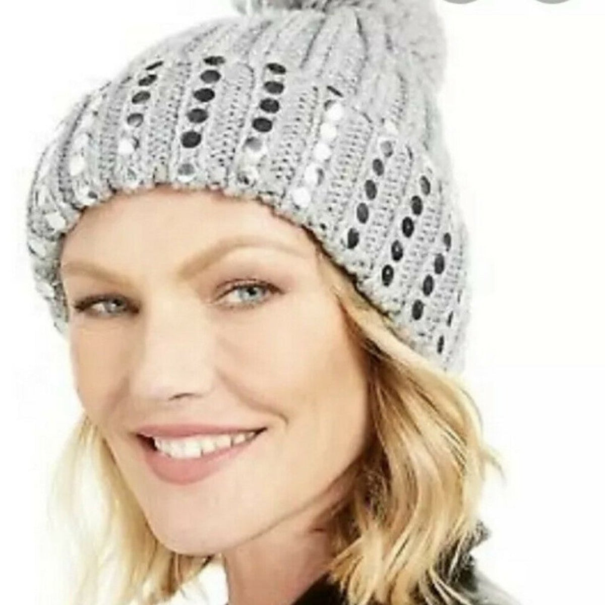 Flat-studded Pom Pom Beanie Silver Winter Cap Hat NEW