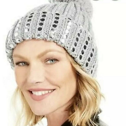 Flat-studded Pom Pom Beanie Silver Winter Cap Hat NEW