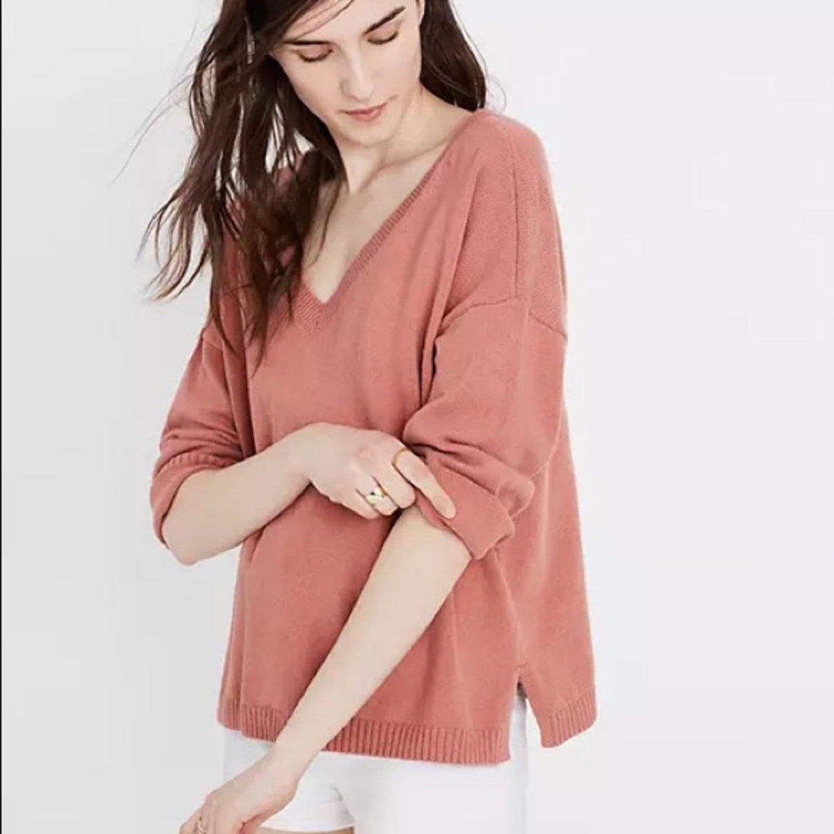 Madewell Rosewood Pink Double V Pullover Sweater Medium NEW cozy winter oversize