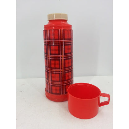Aladdin Vintage One Quart Red Tan Plaid Thermos Camping Cabin Mountain Picnic