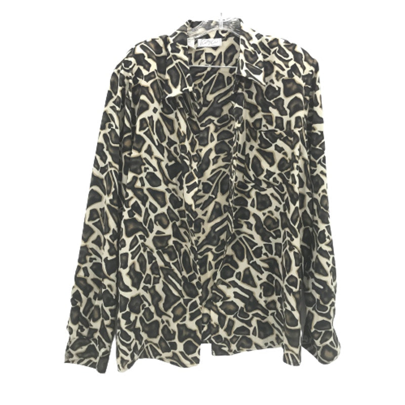 Cathy Che Cream Animal Print Front Button Up Shirt Long Sleeves 18