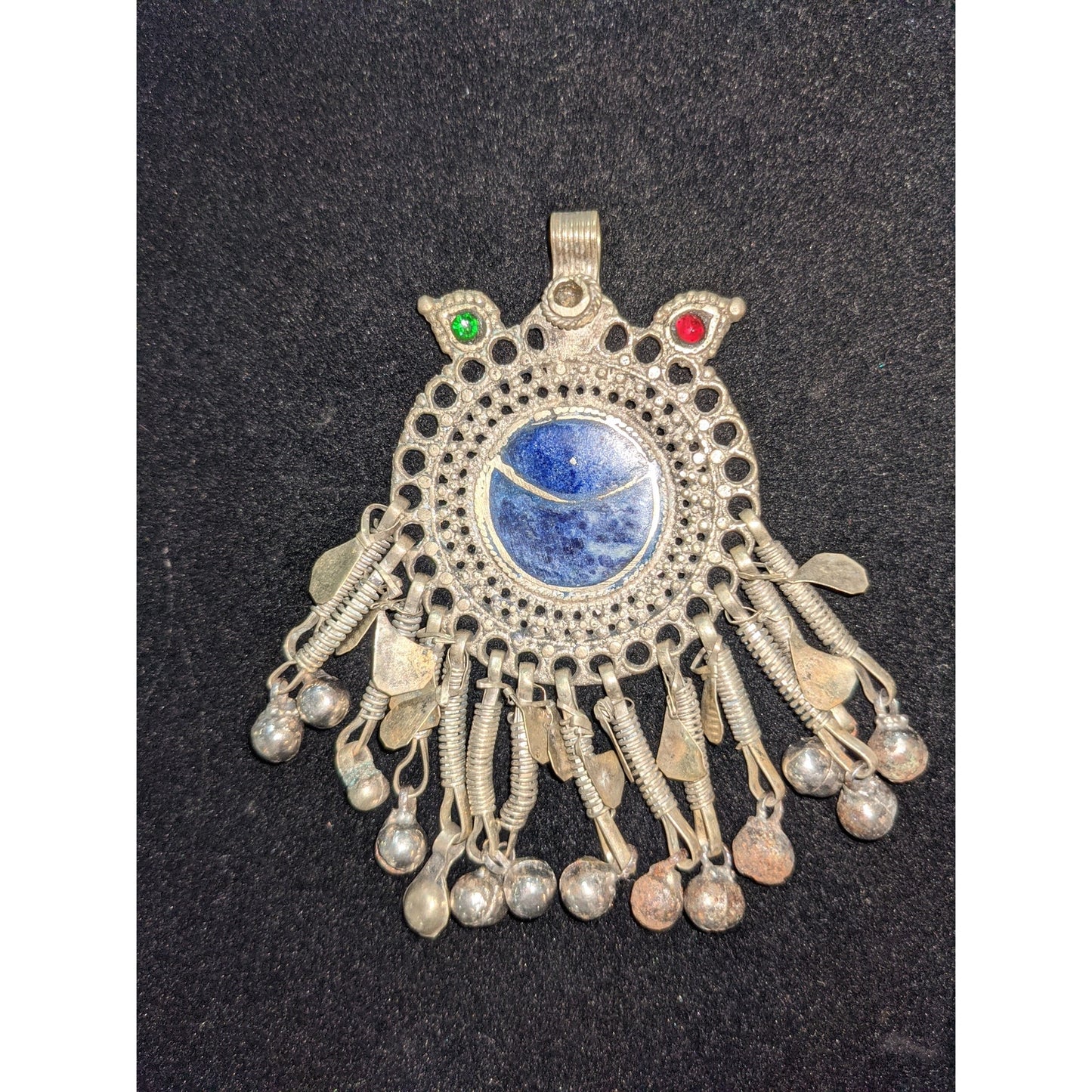 Vintage Metal Kuchi Pendant Dangle Afghani Jewelry Blue Gemstone Green Red
