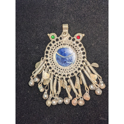 Vintage Metal Kuchi Pendant Dangle Afghani Jewelry Blue Gemstone Green Red