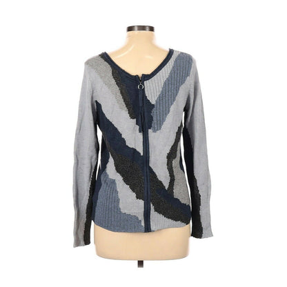 NIC & ZOE Back Zip Crew Neck Sweater Pullover Medium Gray Blue Geometric