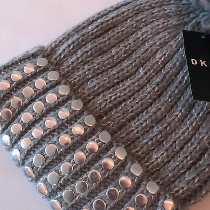 DKNY $40 Gray Stud Metallic Ribbed Silver Pompom Beanie hAT wINTER toboggan hat