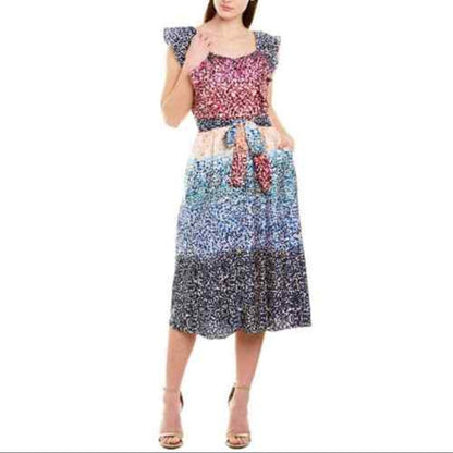 JULIA JORDAN JJ37939 A-Line Tie Waist Belt Multicolor Dot Midi Dress Size 8 NEW