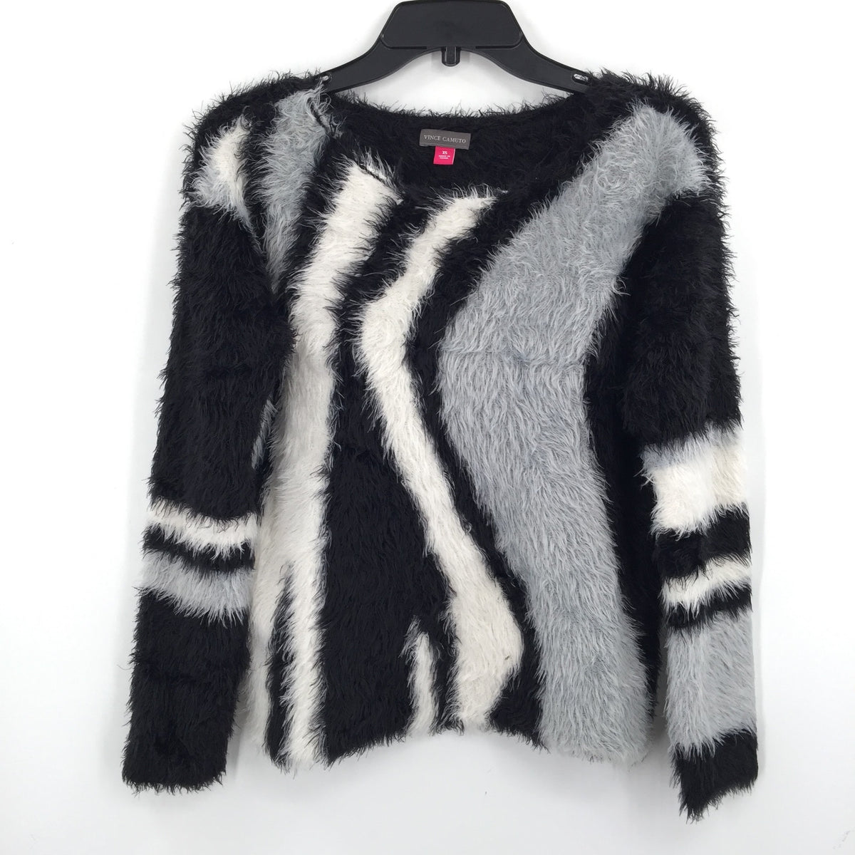 Vince Camuto Abstract Stripe Eyelash Sweater Ballet Neck Rich Black XS