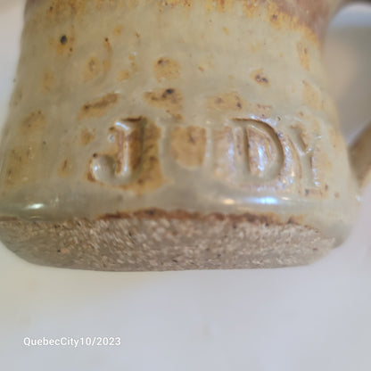 Art pottery mug cream stoneware handmade stamped JUDY