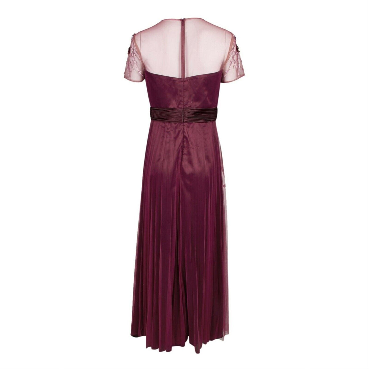 JS Collections Mesh Embellished Bodice Short Sleeve Dress Sz 16 Burgundy NWT