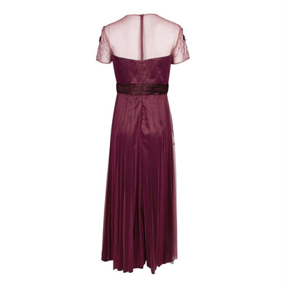 JS Collections Mesh Embellished Bodice Short Sleeve Dress Sz 16 Burgundy NWT