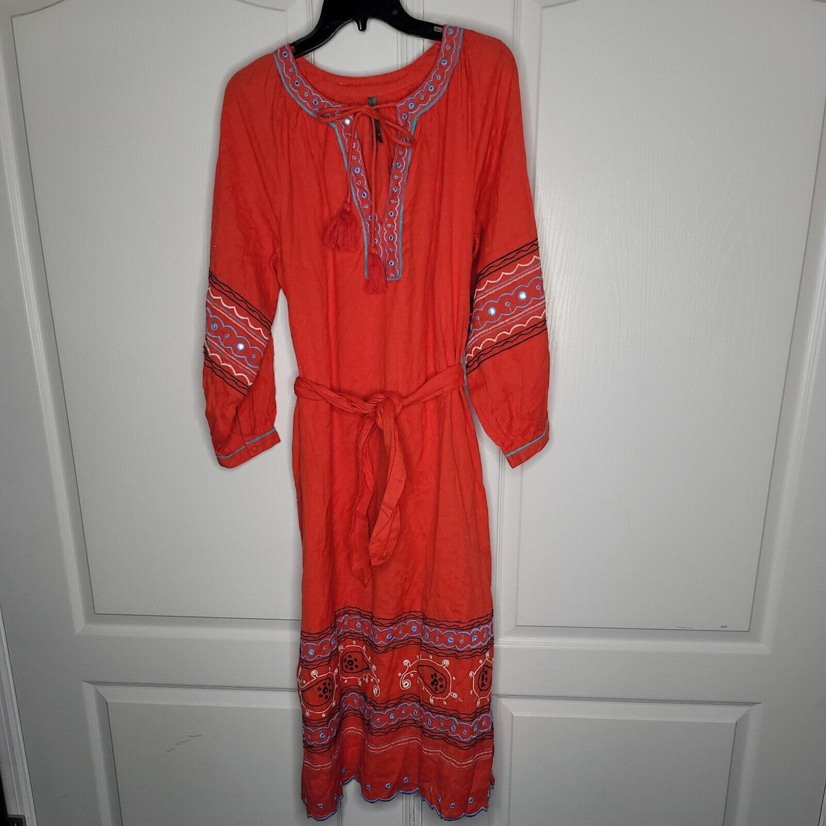 Anthropologie Scarlet Puff-Sleeved Midi Belted pockets BOHO Dress Size Medium
