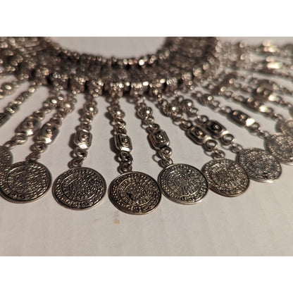 Vintage Ethnic Boho Jewelry SilverTone Metal Patina Coin Chandelier Necklace