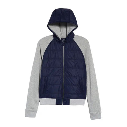 1901 Boy's Kid's Mixed Media Hooded Jacket In Navy Iris- Grey XXL (18/20) YOUTH