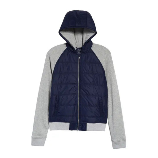1901 Boy's Kid's Mixed Media Hooded Jacket In Navy Iris- Grey XXL (18/20) YOUTH