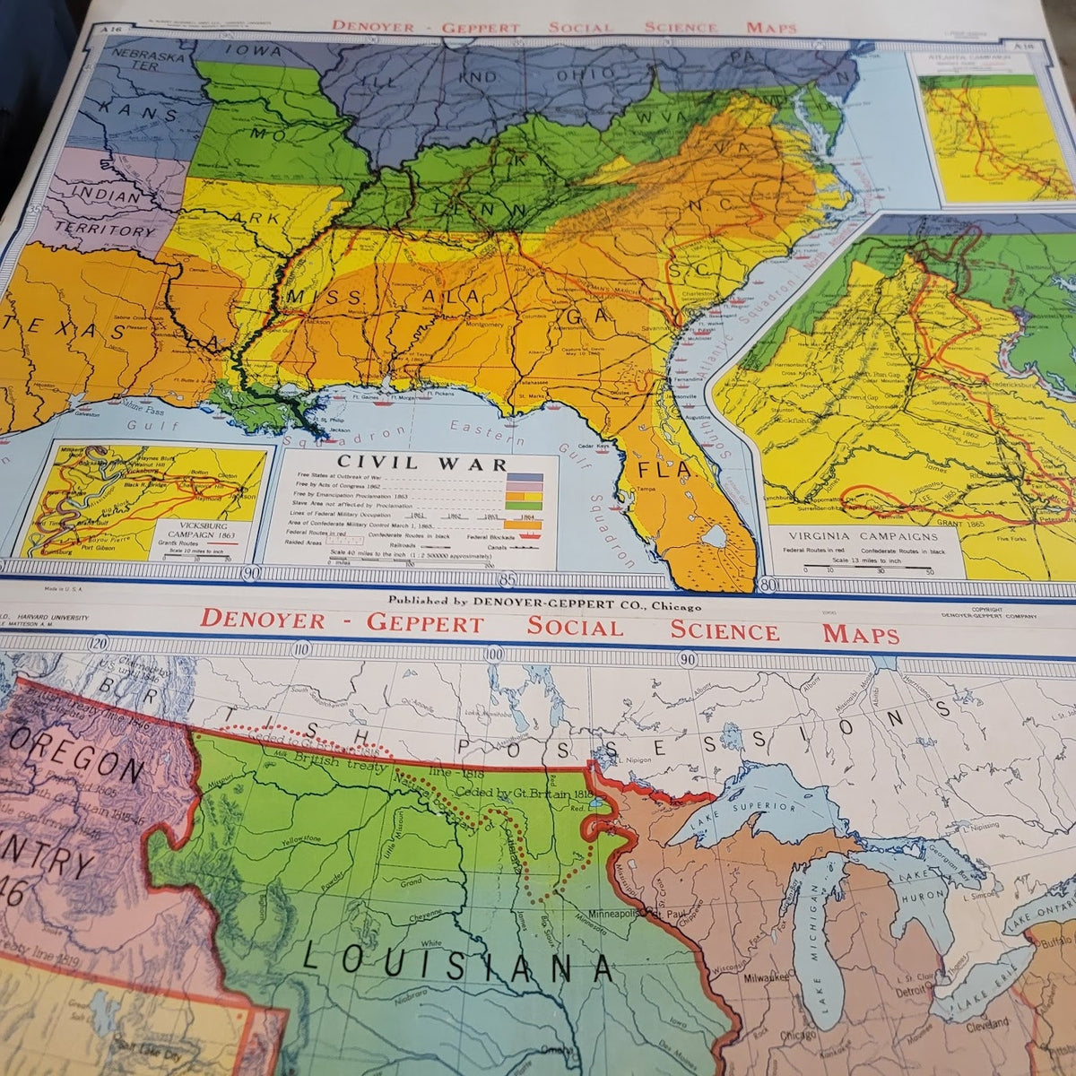1960s Denoyer Geppert  School Wall Rollup Map Territorial Acquisitions 2 in 1