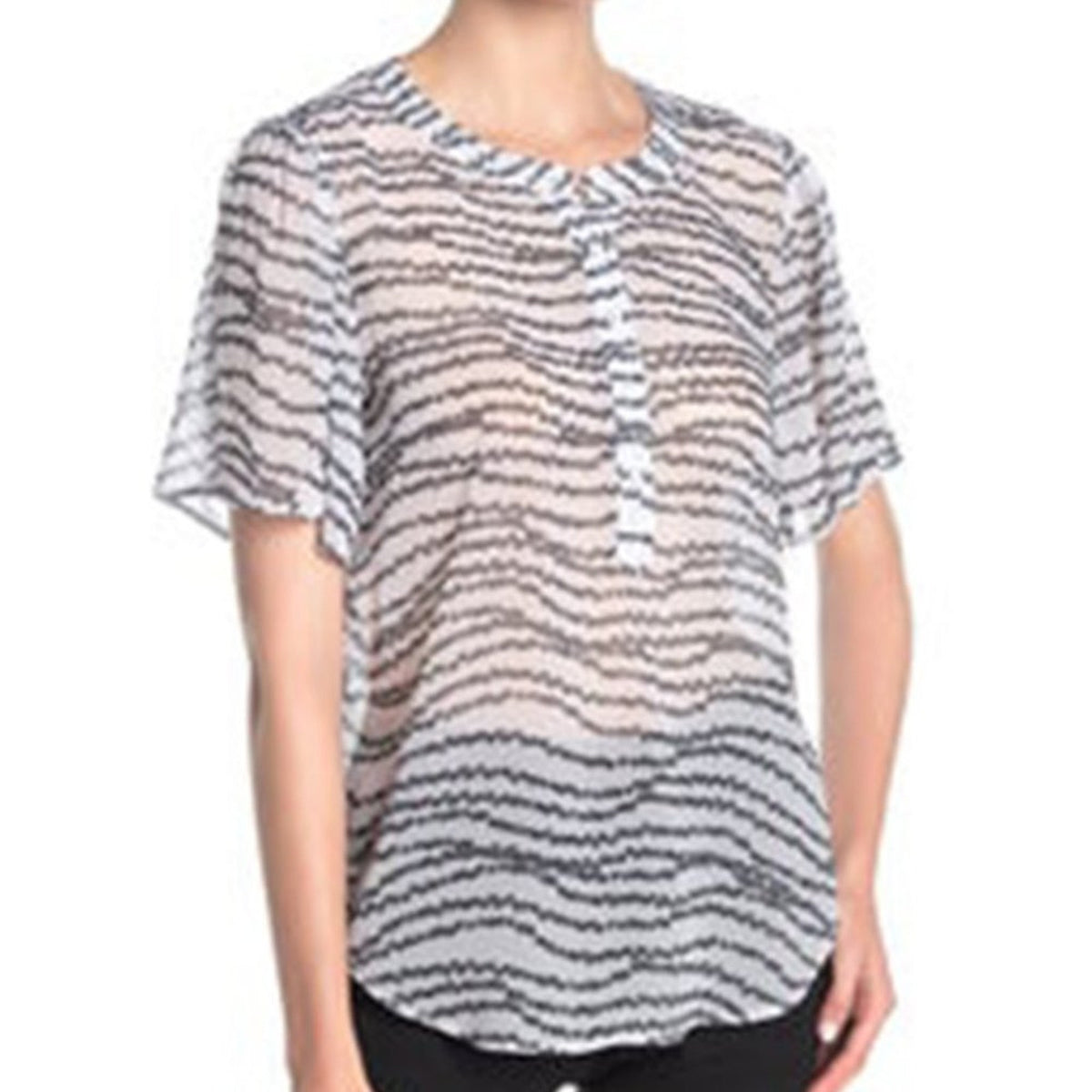 Vince Camuto Striped Floral Blouse Top Short Sleeve Large Work Casual Cozy Light