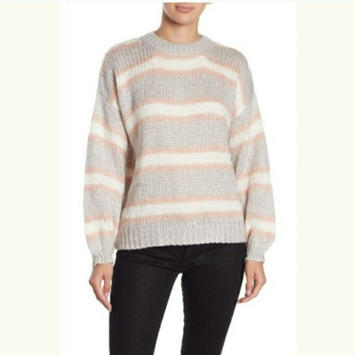 Lush NEW Blouson Sleeve Knit Sweater Size Large Striped Oversized gray pink