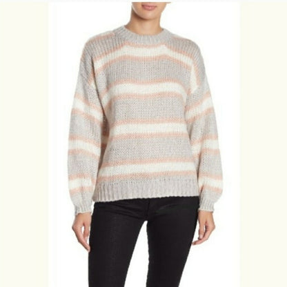 Lush NEW Blouson Sleeve Knit Sweater Size Large Striped Oversized gray pink