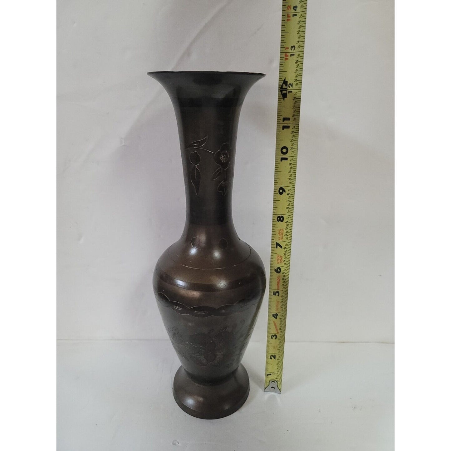 Vintage Solid Brass Flared Vase Made In India Engraved Floral Design 12.5” Tall