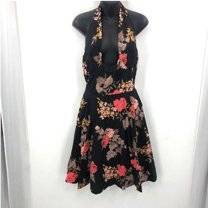 Vintage Sleeveless Belted Fit Flare Dress Halter Neck Backless Floral Circle