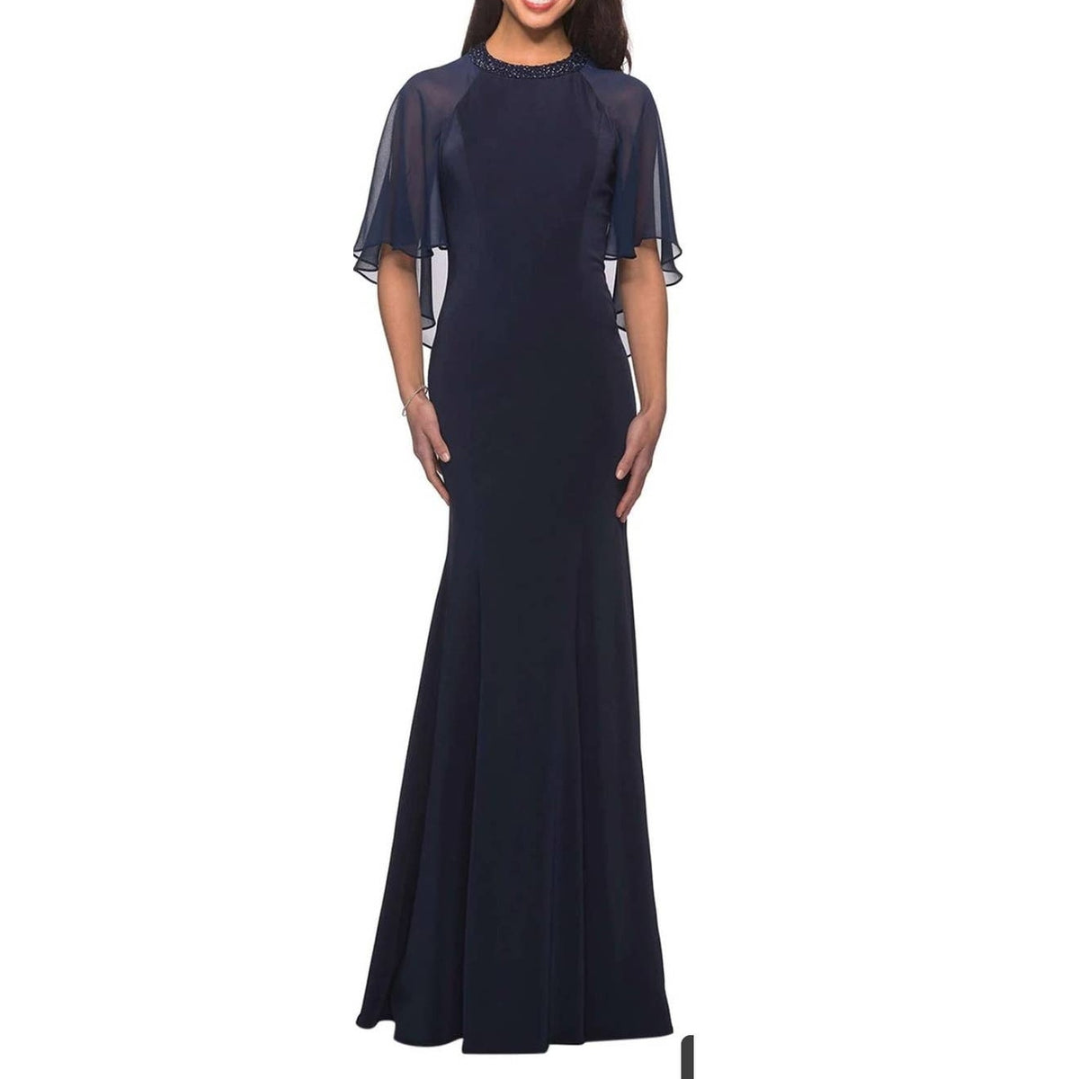 La Femme Navy Illusion Cape Trumpet Gown Jewel Neck Dress Size 16 Wedding Formal